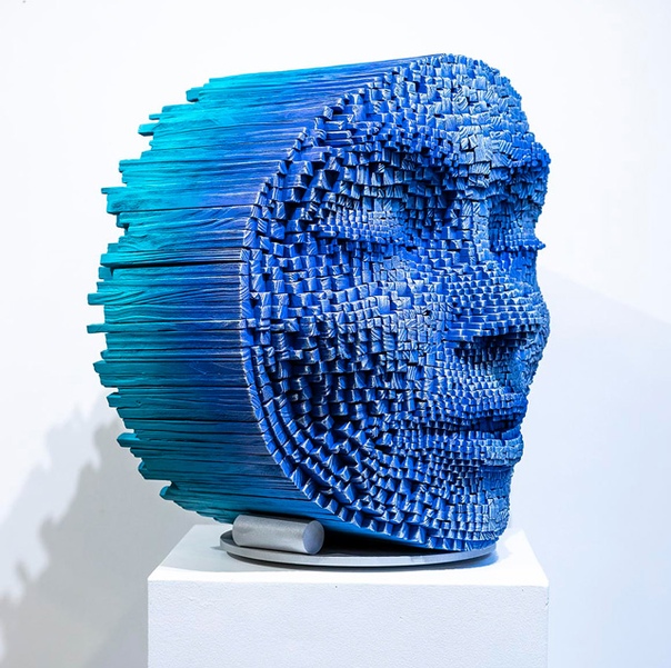 Скульптор Джил Брувель (Gil Bruvel в своей серии «Bending the Lines» («Сгибая линии») пытается совместить реалистичные изображения умиротворенных женских лиц с пиксельными абстракциями цифровой